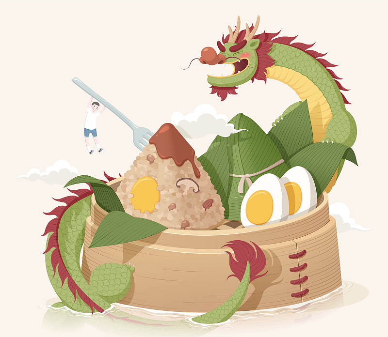端午节攀附在肉粽旁的中国龙插图图片素材