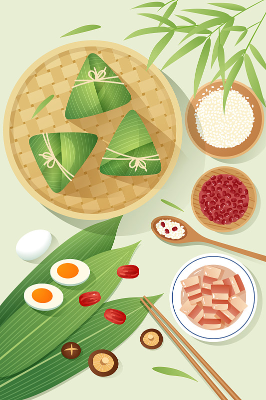 竹叶旁的粽子和糯米红豆五花肉等食材图片素材