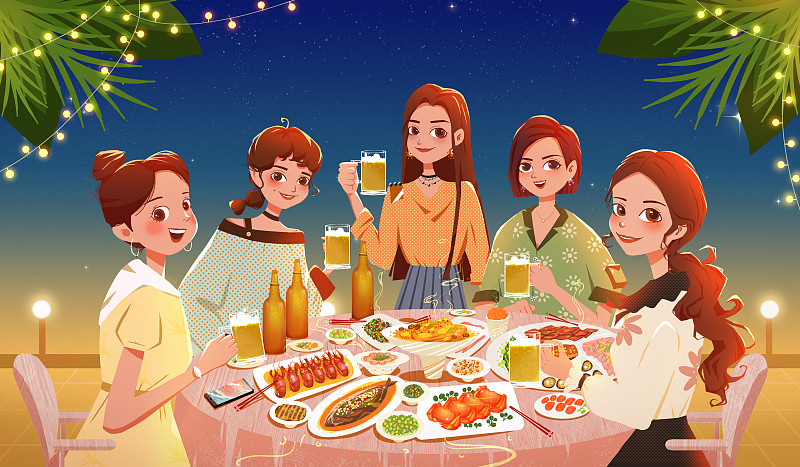 五个聚餐的女人在喝啤酒 啤酒节创意插画图片