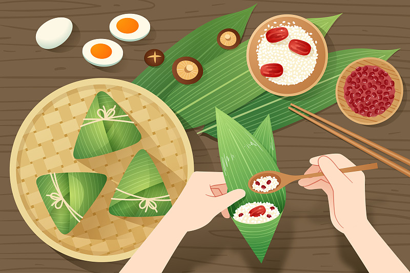 粽子粽叶和包粽子插画图片