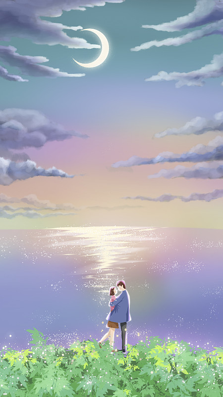 一对情侣在彩色的湖前拥抱图片素材