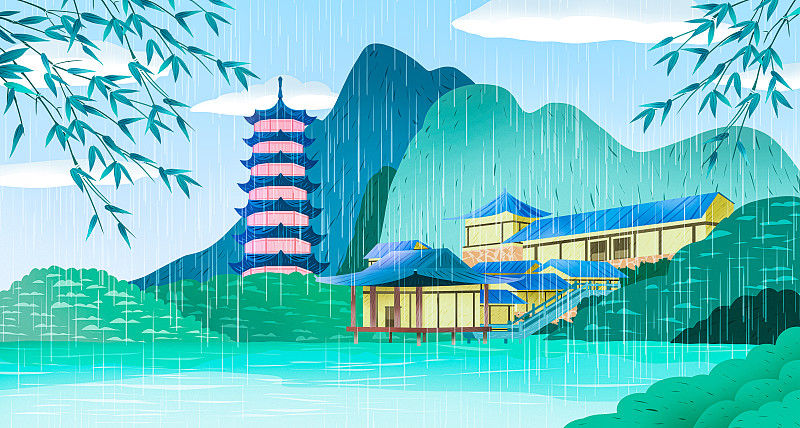 二十四节气雨水风景插画图片