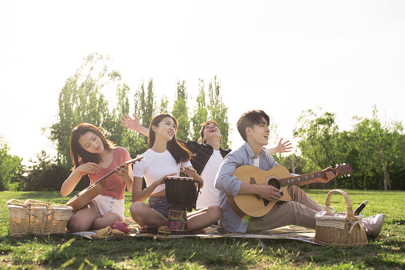 快乐的年轻人在户外野餐演奏音乐图片下载
