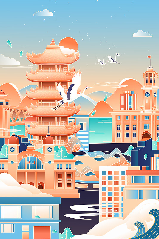 出游旅行中国武汉城市地标特色印象建筑风景中国风国潮矢量插画下载