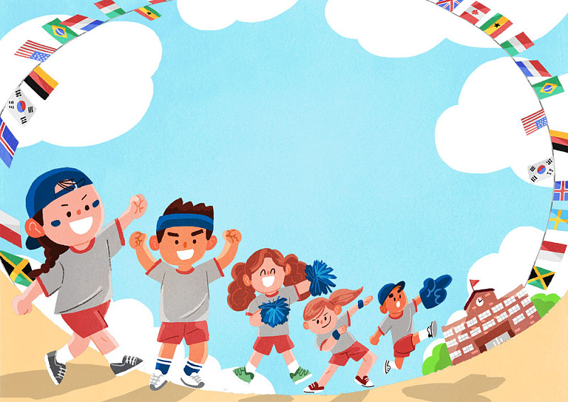 儿童在运动日欢呼的景观插图图片素材