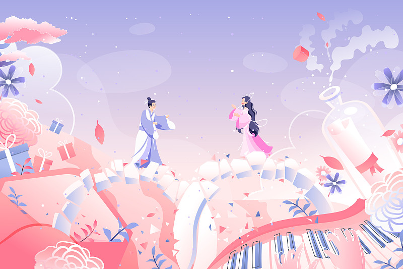 七夕节牛郎织女相会拥抱情人节礼物传统节日风景中国风矢量插画图片