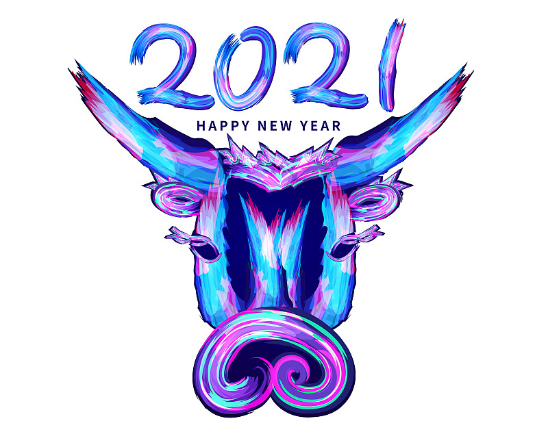 2021新年炫彩荧光色的牛头插画下载