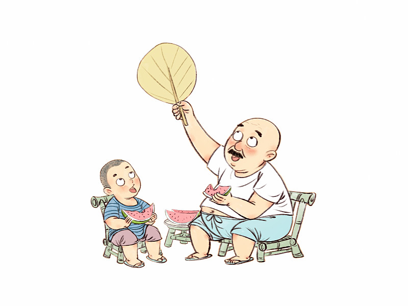 夏天夜晚爷爷和孙子乘凉看星星吃西瓜儿童插画图片