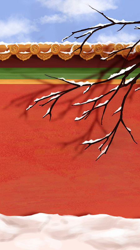 冬天故宫红墙前的有积雪的树枝条图片下载