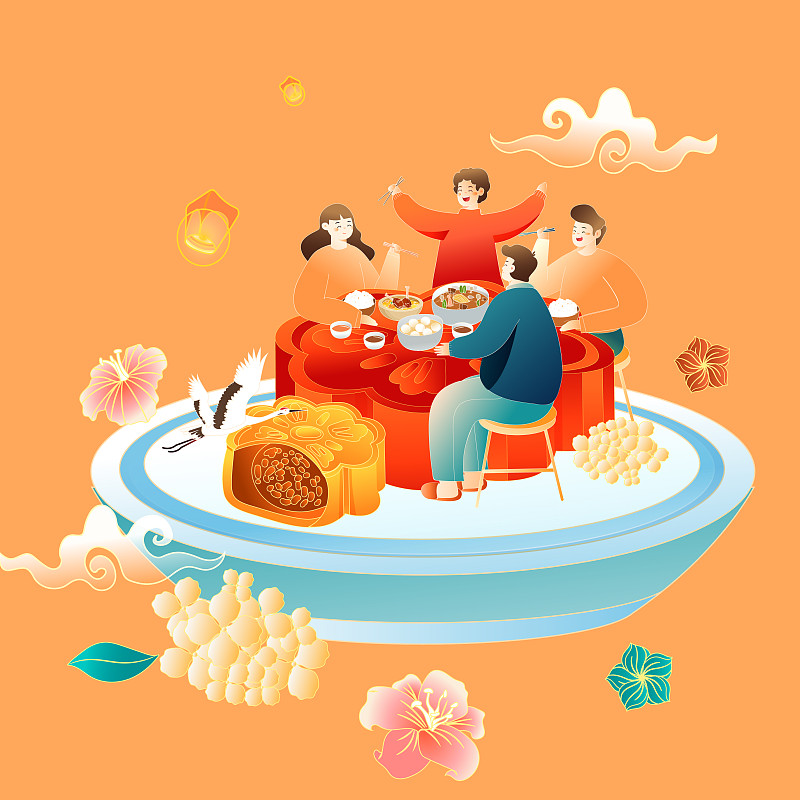 卡通中秋节家人团圆吃饭美食促销电商活动中国风国潮仙鹤矢量插画图片