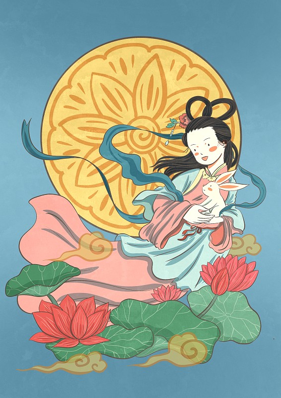 嫦娥与玉兔-中秋节插画图片