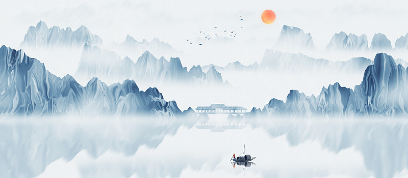 中国风蓝色水墨山水画图片下载