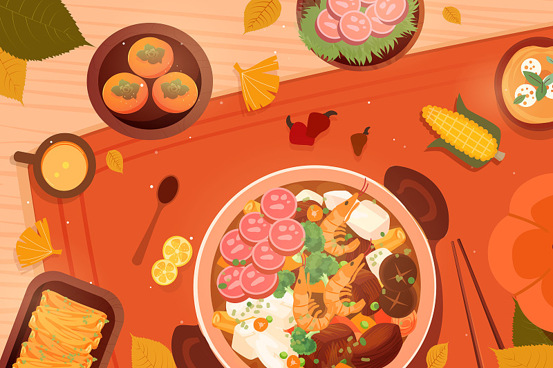 卡通美食健康火锅养生秋季时令食物周年庆购物电商活动矢量插画图片