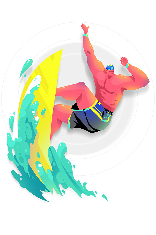 肌肉男穿短裤海上冲浪的插画图片