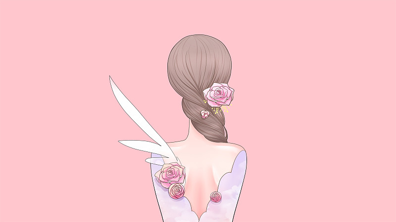 花与少女的后背，粉色调唯美文艺人物插画下载