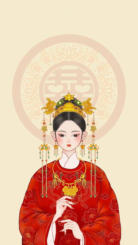新娘中式婚礼中国风手绘插画图片