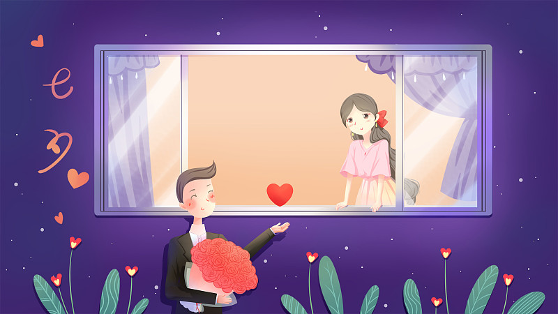 少年在窗外拿着玫瑰花束，把爱心送给窗内少女，唯美浪漫七夕插画图片