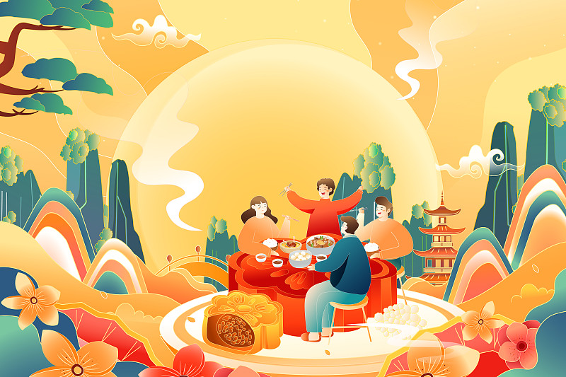 卡通中秋节传统节日习俗美食聚餐家人团圆中国风国潮矢量插画下载