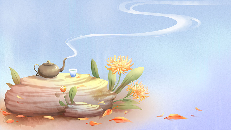 秋天，放在磐石上的茶壶与茶杯，菊花在石头边盛开，唯美水彩插画下载