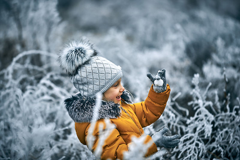塞尔维亚苏博蒂卡，树丛中玩雪的男孩图片素材