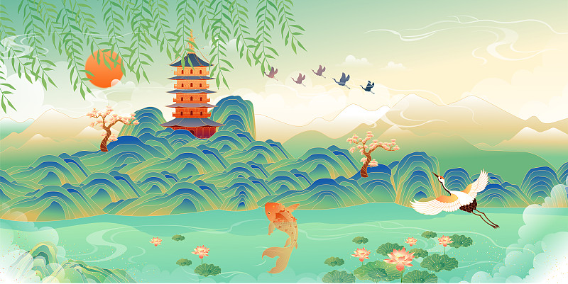 杭州西湖美丽的风景矢量插画图片