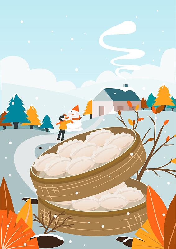 冬季冬至节日插画饺子蒸饺雪人新年堆雪人图图片