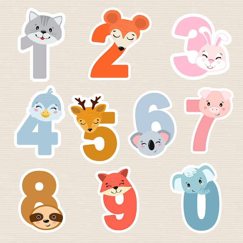 可爱的动物数字从1到9贴纸