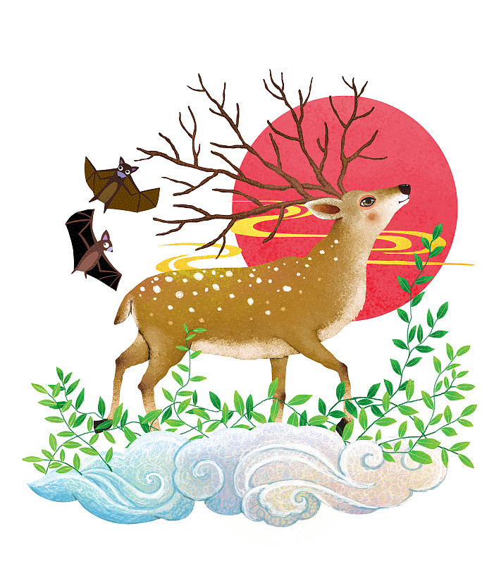新年元素春节元素插画-福禄双全鹿和蝙蝠图片