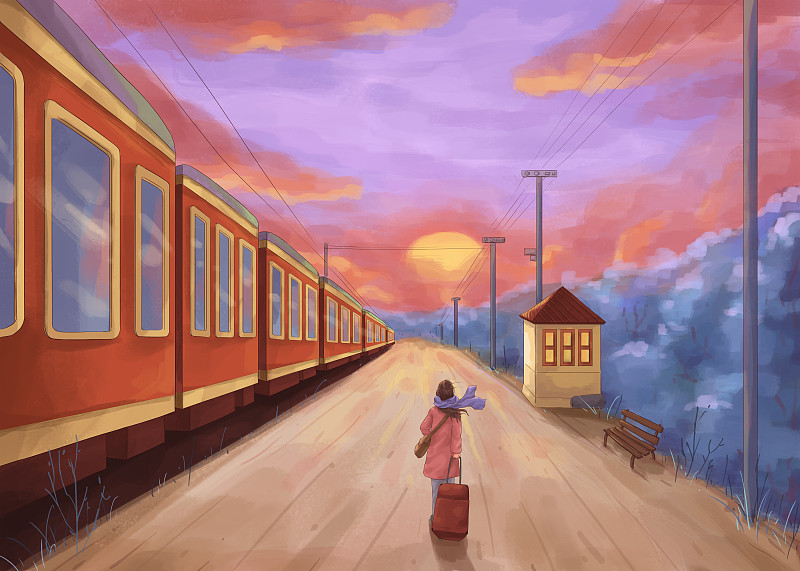 火车与回家的女孩唯美清新插画下载