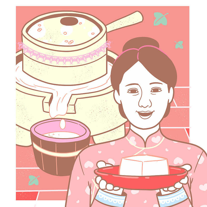 方粉红少女系年俗画-磨豆腐图片素材
