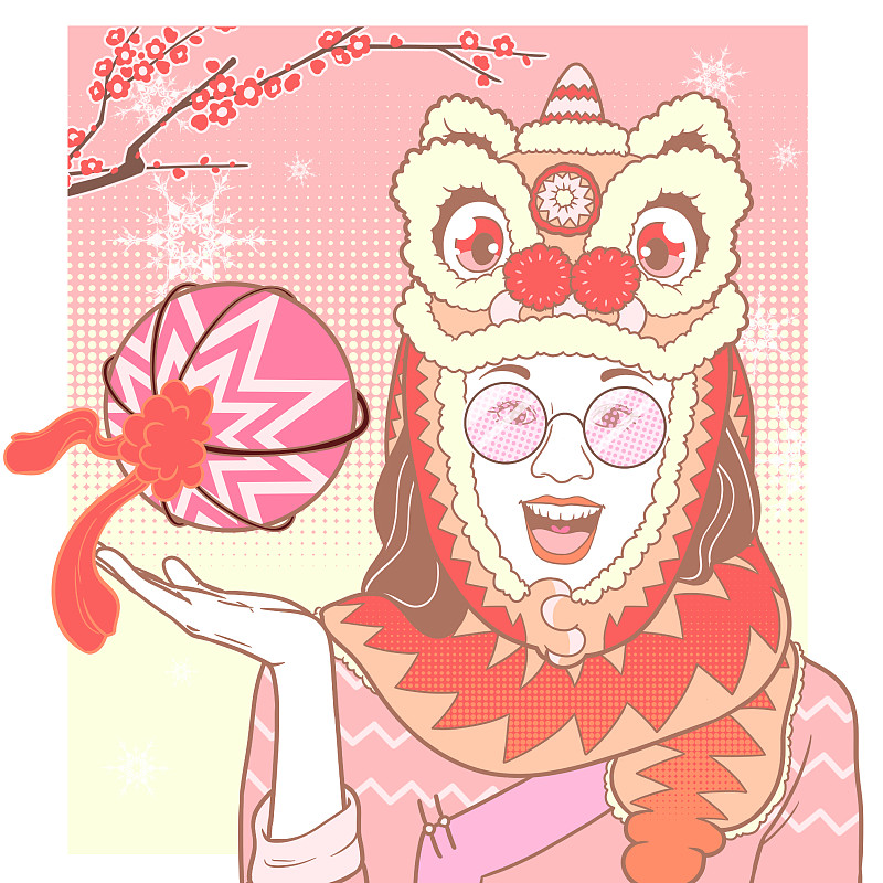 方粉红少女系年俗画-舞狮子图片下载