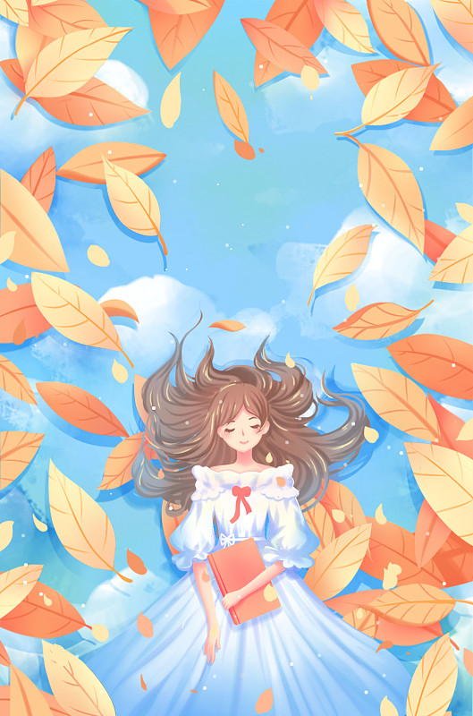 少女仰面躺在飘散着枫叶水面上，水面上倒映着蔚蓝天空图片下载