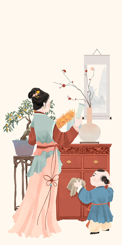 中国古代传统年俗腊月二十四掸尘扫房子插画下载