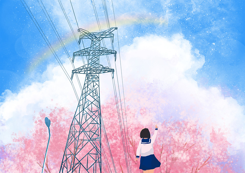 在樱花树下看彩虹和白云的少女图片素材