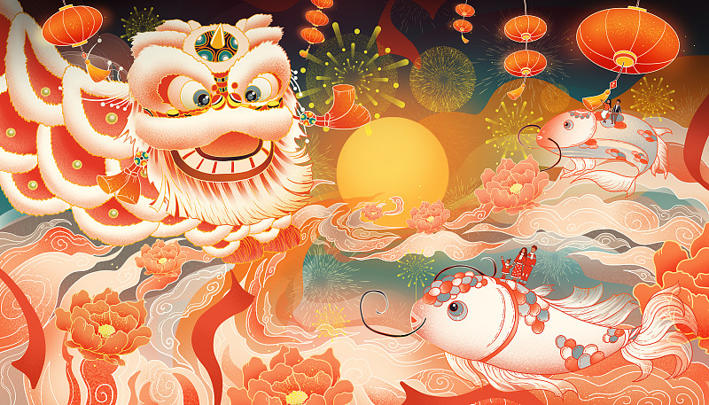 舞狮和锦鲤热闹的新年插画图片