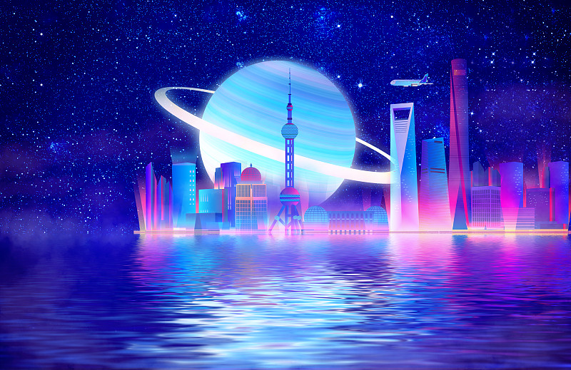 上海科技感城市超现实的抽象插画下载