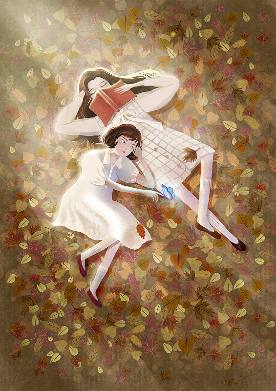 秋天落叶与少女图片下载