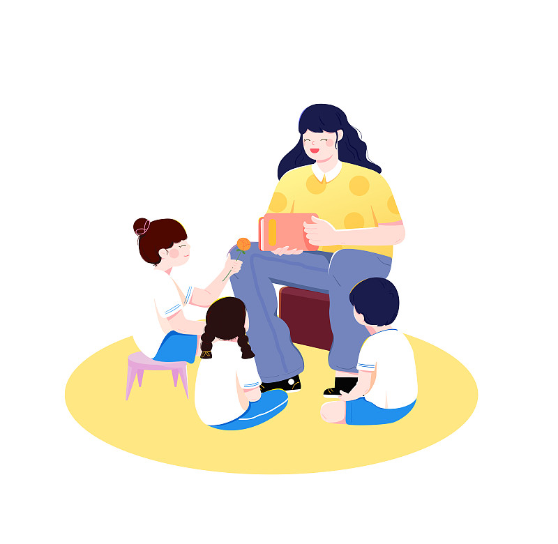 女老师和三个学生坐成一个圈读书矢量插画元素图片