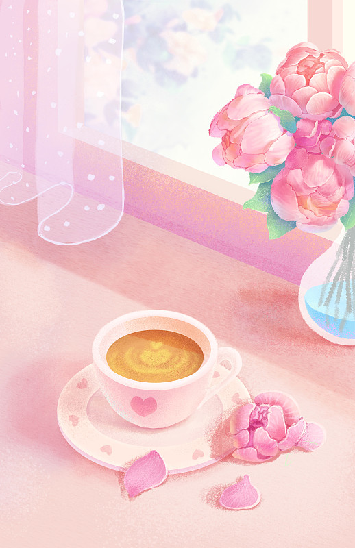 温馨粉色阳台咖啡花图片下载