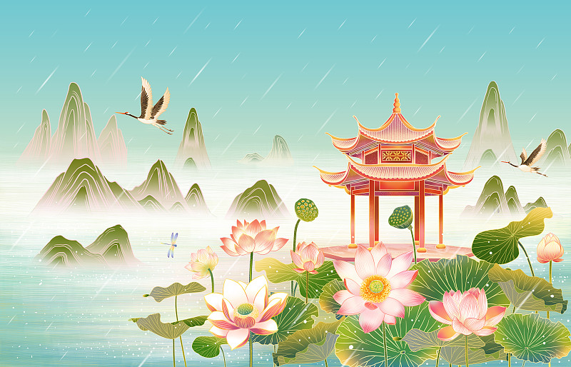 西湖雨景插画海报背景下载