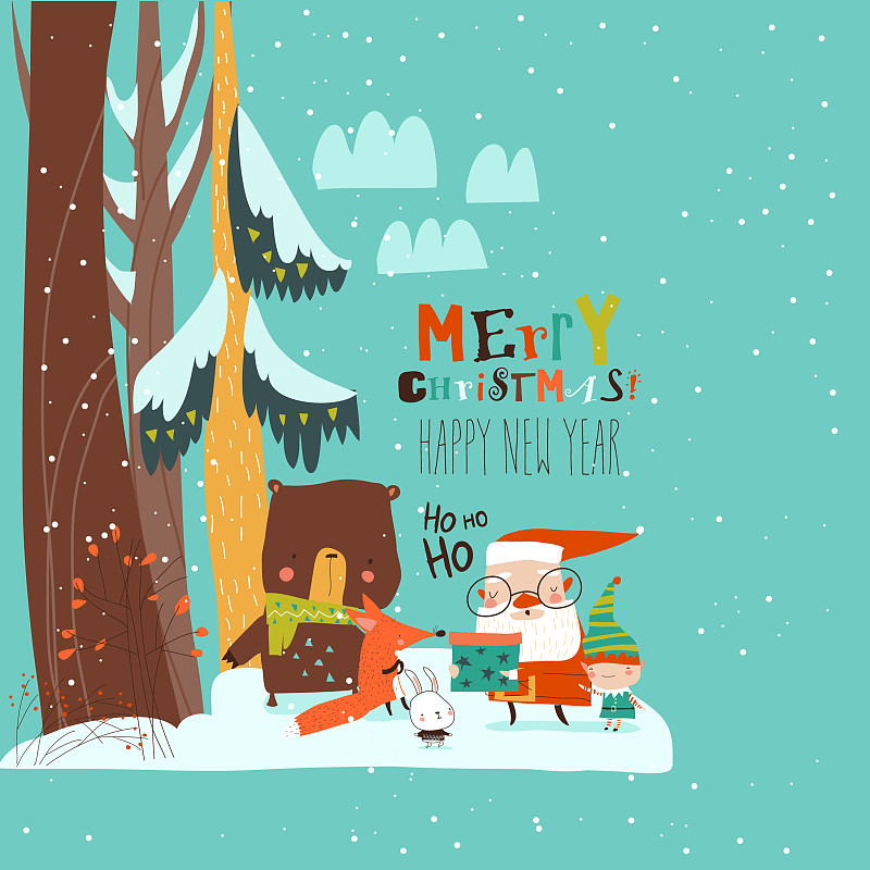 卡通圣诞老人和动物在冬天图片下载