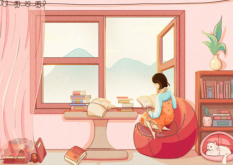 女生坐在窗前看书图片素材