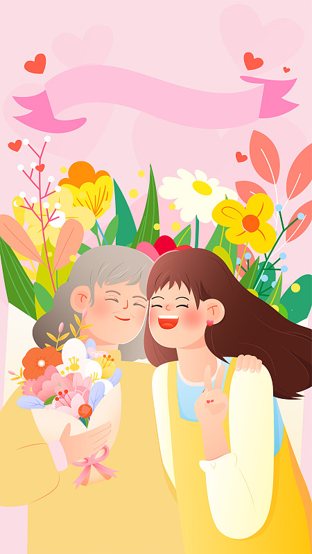母亲节妈妈和女儿在花从前合照矢量插画海报下载