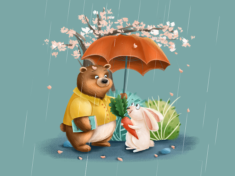 儿童插画 下雨天小熊为拿着胡萝卜的小兔子打伞下载