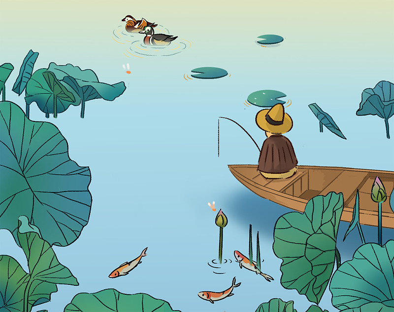 夏天钓鱼户外生活方式鱼塘荷叶鸳鸯插画图片