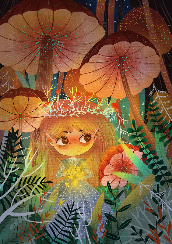 小女孩儿童插画星星夜晚森林蕨类植物图片