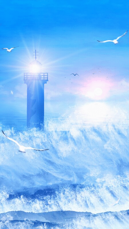 傍晚海鸥在汹涌的海洋上方飞翔，灯塔照耀远方为船只指引方向图片下载