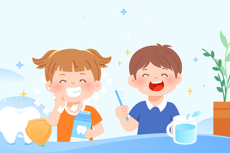 卡通口腔牙科牙齿健康洁牙预防洗牙刷牙儿童教育医疗健康矢量插画图片