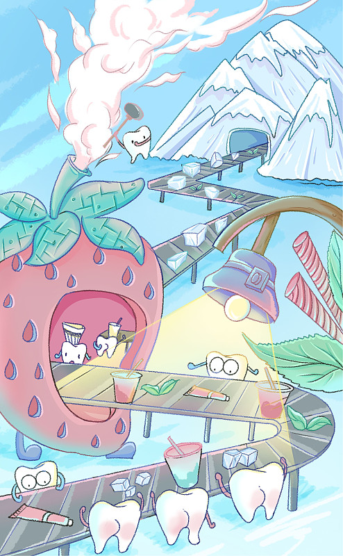 草莓牙齿冰山生产线插画图片
