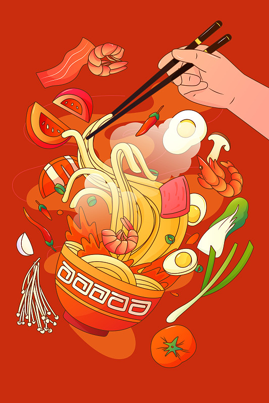 手拿筷子夹起拉面中国风矢量插画海报竖图下载